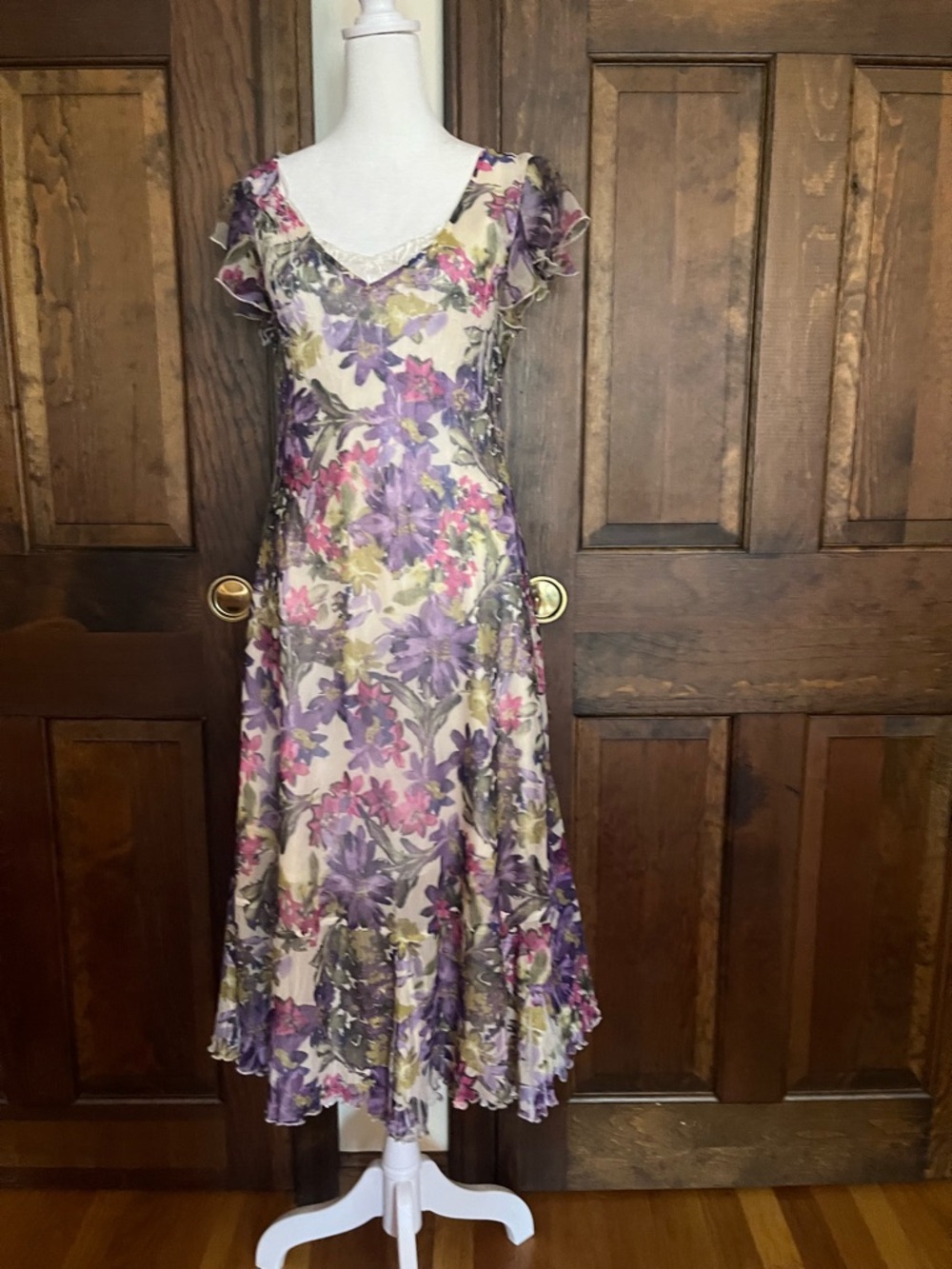 Komarov Cream 2 Piece Midi Dress with Purple and Pink Floral Design